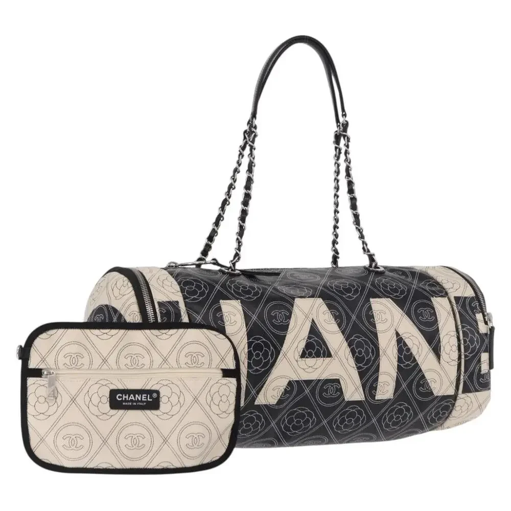 CHANEL Coated Canvas Camellia Printed Calfskin Bowling Bag